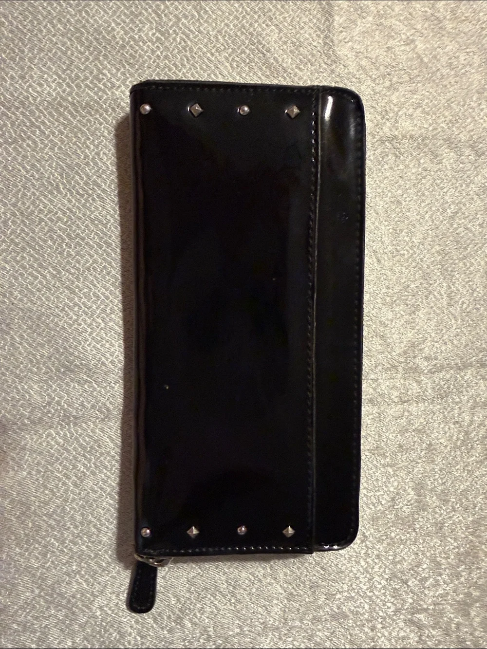 Coach Black Patent Leather Zip Card Holder with Stud Accents